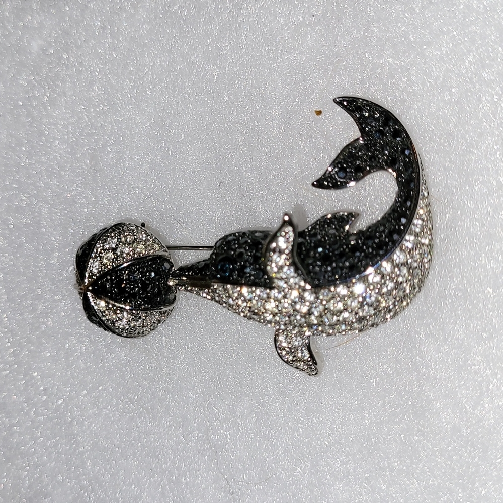 Beachy Dolphin Brooch Black & Silver Rhinestone Gems Porpoise Playing with Ball